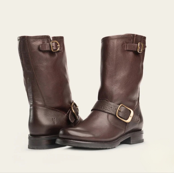Frye Veronica Brown Leather Buckle Short Moto Slouchy Boots Women's Size 8.5 - Picture 2 of 13